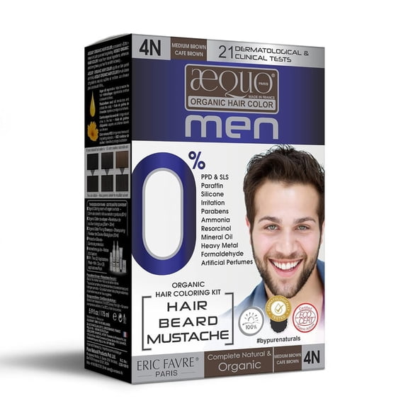Aequo Organic Cream Hair Color for Men Medium Brown 4N - Natural Permanent Dye (170ml) | Long-Lasting, 100% Grey Coverage | Safe for Hair, Beard & Mustache | PPD & Ammonia-Free Formula.