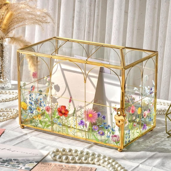 AerWo Wedding Card Box with Lock, Glass for Decor (Gold) | Gold Rim Gift Party Flowers Print, Boxes Reception, Baby Shower, Birthday, Tempered