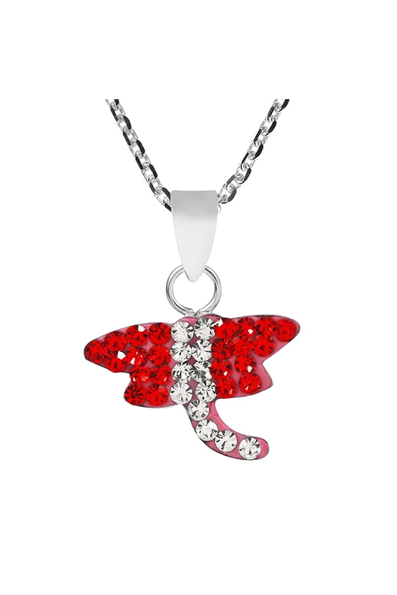 Adorable Red Crystal Dragonfly .925 Silver Necklace