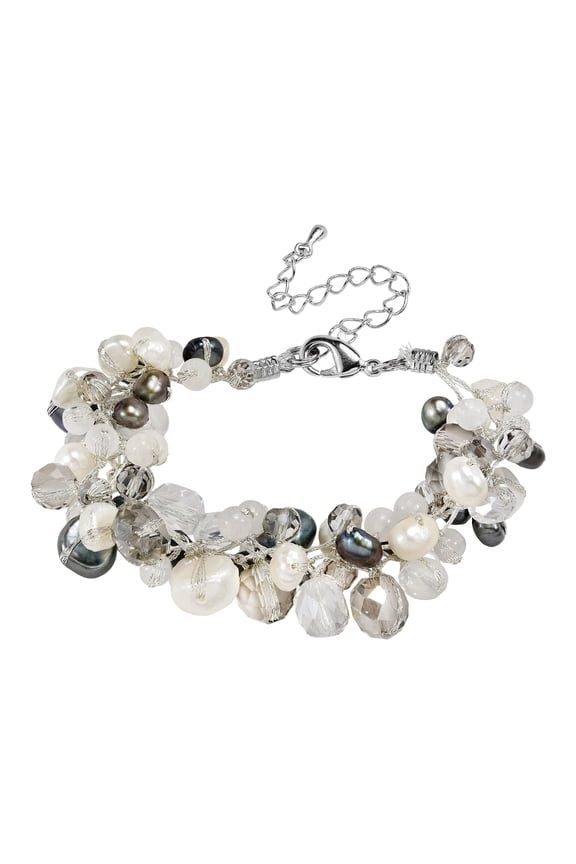 Amazing Cluster of Black Pearls, Quartz, and Crystal Beads Statement Bracelet