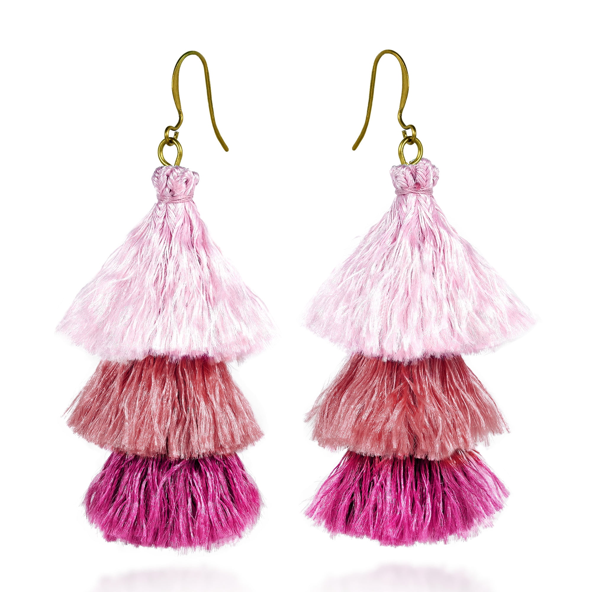 Pink Earing Stack AeraVida Amazing Layered Triple Stack of Pink Tassels & Brass Dangle ...