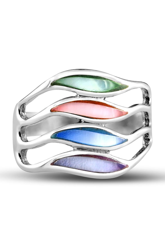 Amazing Waves of Multi-Color Mother of Pearl Inlay Sterling Silver Beachwear Ring for Women Accessories Anniversary Jewelry Gift Ring Size - 7