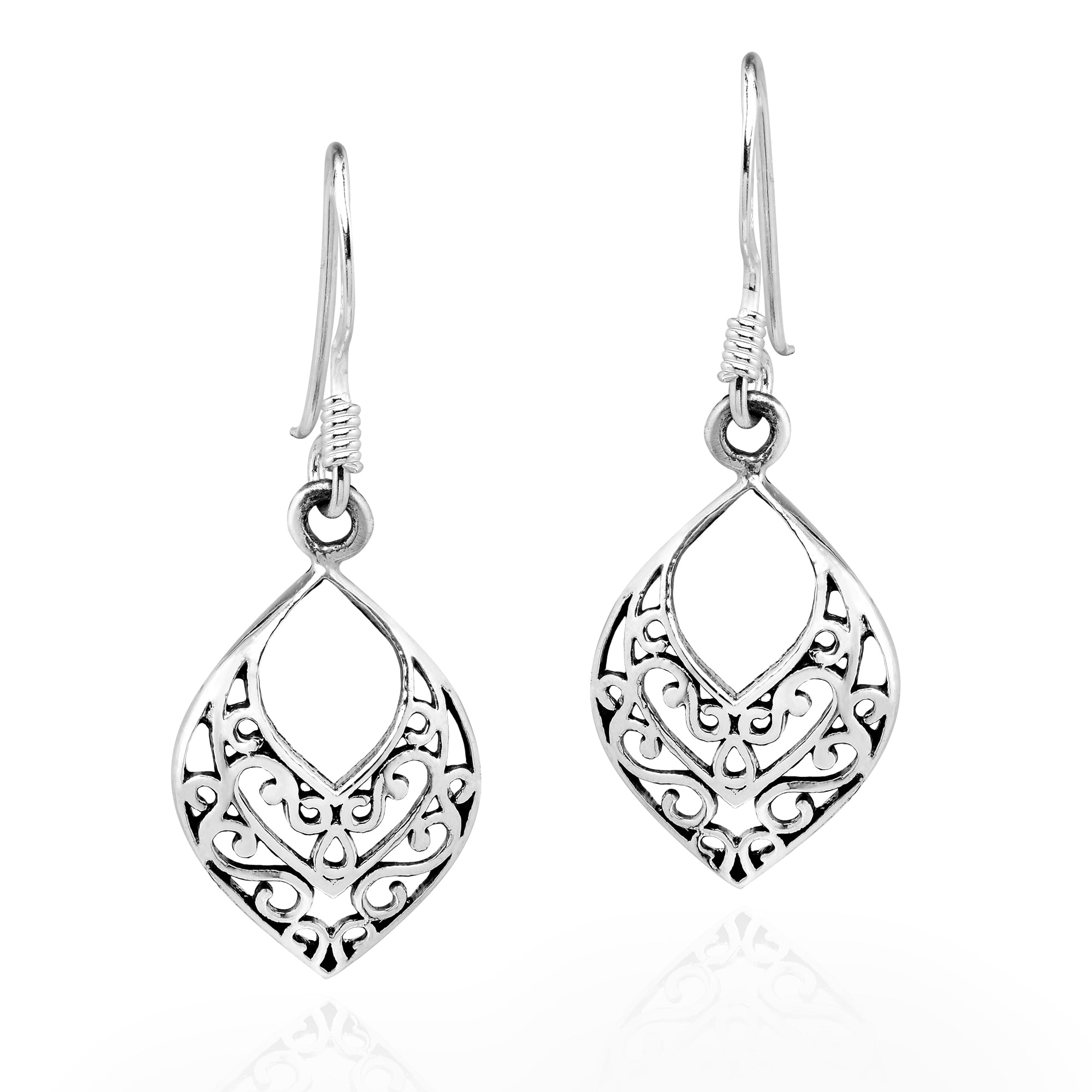 AeraVida Bali Chic Leaf Shaped Filigree Swirls Sterling Silver Fishhook Dangle Earrings