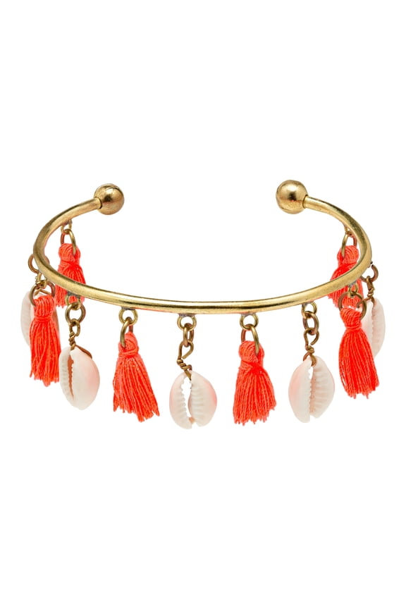 Beach Bright Cowrie Shell & Orange Tassels Dangle Brass Cuff Bracelet
