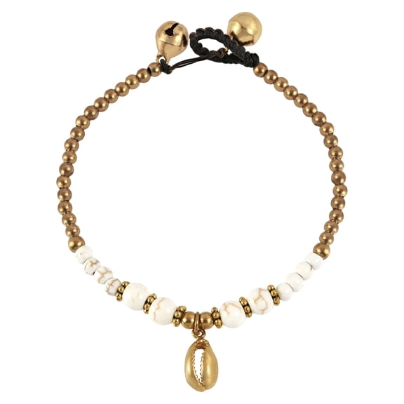 AeraVida Beach Inspired Cowrie Seashell Charm White Howlite Brass Jingle Bell Bracelet