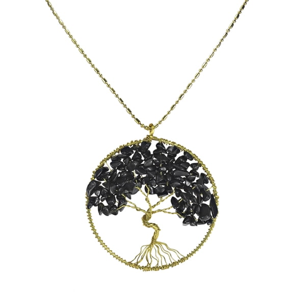 AeraVida Black Onyx Stone Eternal Tree of Life Brass Long Necklace