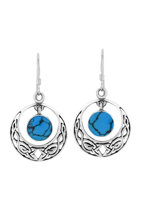 Blue Turquoise Dangle Round Celtic Knot Sterling Silver Earrings