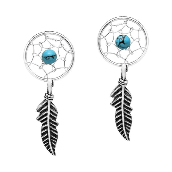 AeraVida Bohemian Dreamcatcher Inspired Blue Turquoise Feather Sterling Silver Post Dangle Earrings for Women Anniversary Jewelry Gift