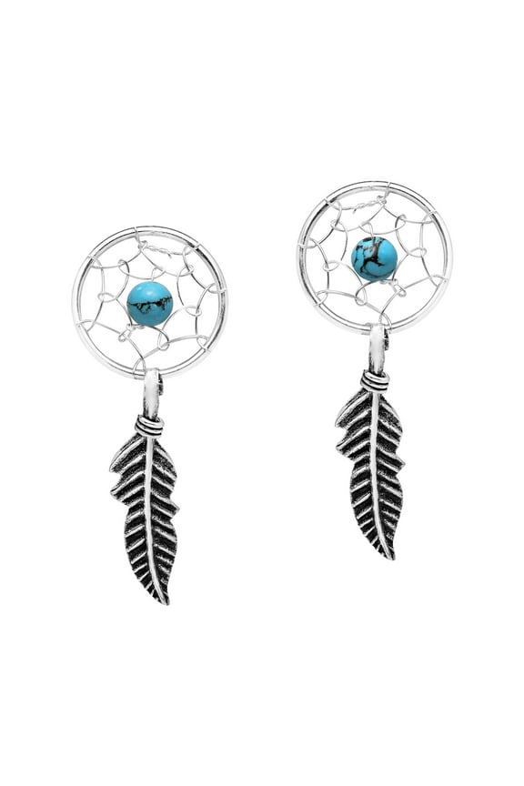 Bohemian Dreamcatcher Inspired Blue Turquoise Feather Sterling Silver Post Dangle Earrings for Women Anniversary Jewelry Gift