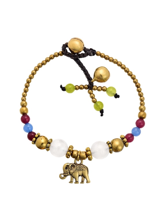 Boho Chic Colorful Stone & Brass Bead Elephant Charm Bracelet