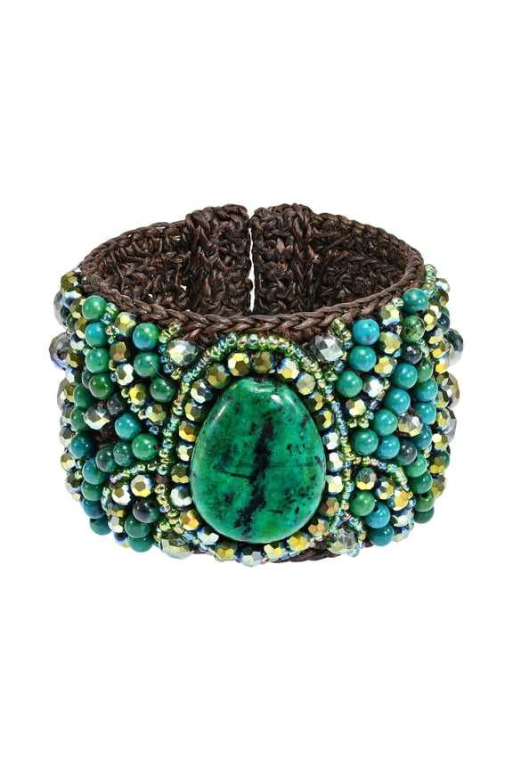 Boho Chic Green Malachite Oval with Mixed Beads and Crystals Mosaic Cotton Rope Etnic Tribal Fashion Cuff Bracelett Statement Jewelry Gifts for Female Adult