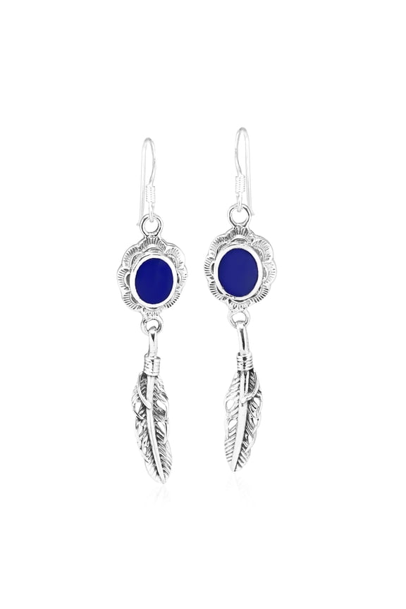 Boho Chic Oval Blue Lapis & Sterling Silver Feather Dangle Earrings