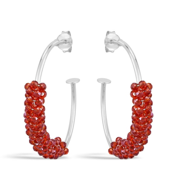 AeraVida Boho Sparkle Bright Red Crystal Beads on Sterling Silver Open Hoop Earrings
