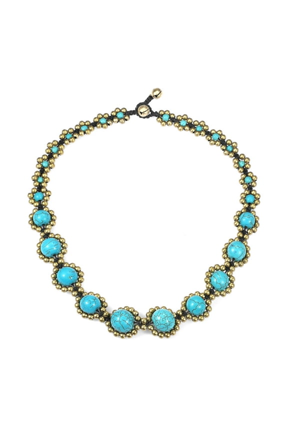 Brass Embellished Round Simulated Turquoise Handmade Necklace