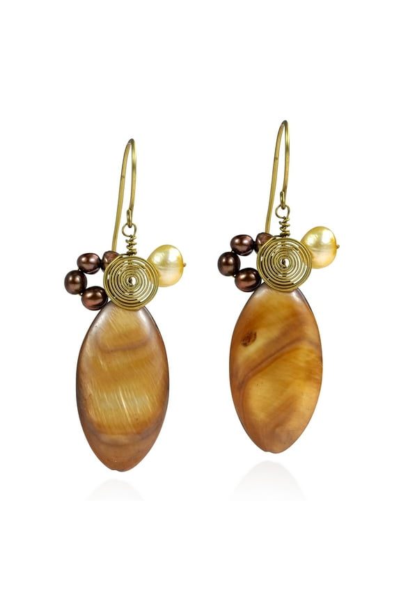 Brown Mother of Pearl and Pearls Teardrop Brass Earrings