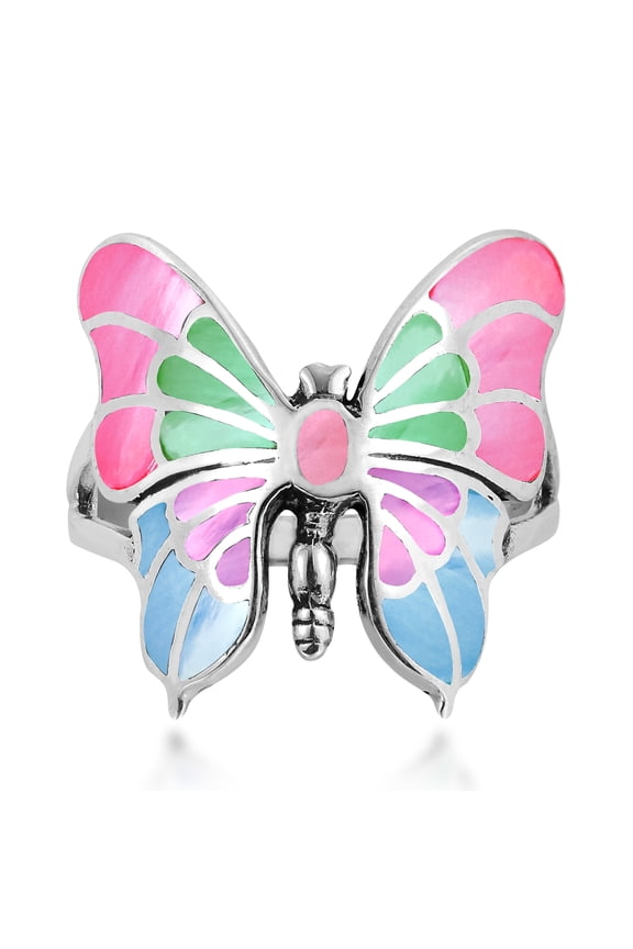 Butterfly Multi-Color Shell Inlay Sterling Silver Jewelry Gift for Female Ring-10