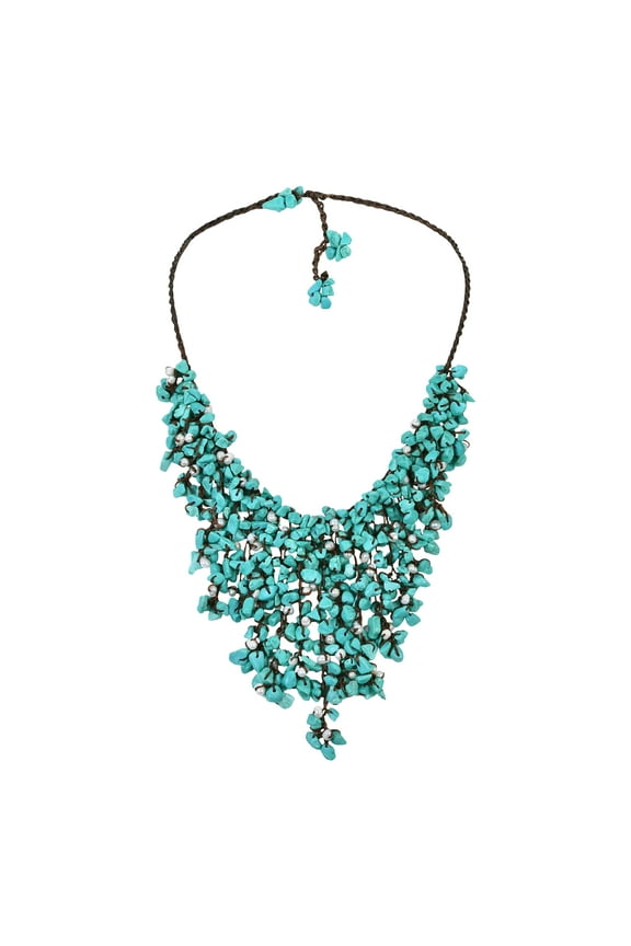 Cascading Waterfall of Blue Turquoise Stone and White Pearls Cotton Rope Toggle Clasp Bib Necklace Evening Wear Statement Jewelry Gifts for Women