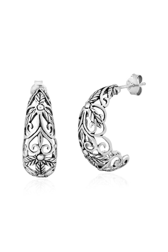 Celestial Crescent Moon Filigree Swirl Floral Vine Garden Nature Inspired Sterling Silver Half Hoop Style Post Stud Earrings Vintage Jewelry Gifts for Women