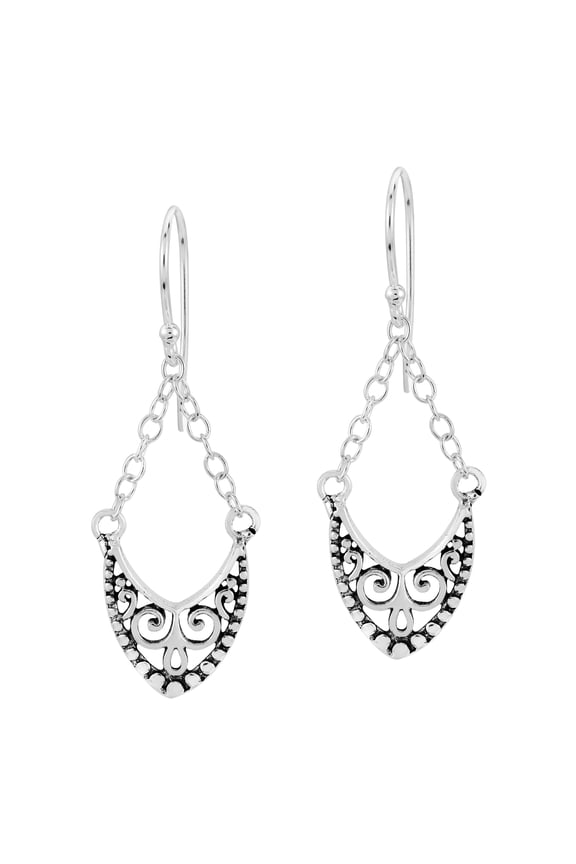 Chic Balinese Ornate Chained Sterling Silver Dangle Earrings
