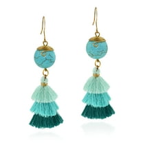 AeraVida Chic Bohemian Boho Tassel and Blue Turquoise on Brass Dangle Earrings, 15x71mm