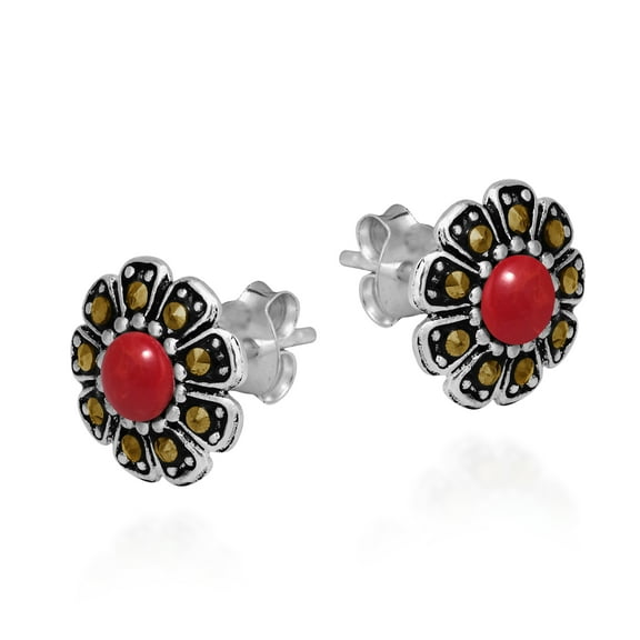 AeraVida Chic Casual Marcasite Nature's Sweet Daisy Red Coral 925 Silver Post Earrings