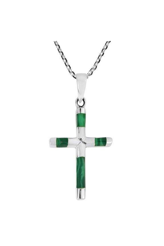 Christian Elegant X Cross Green-Tones Malachite Inlay Sterling Silver Pendant Religious Ornament Necklace Anniversary Jewelry Gift for Women