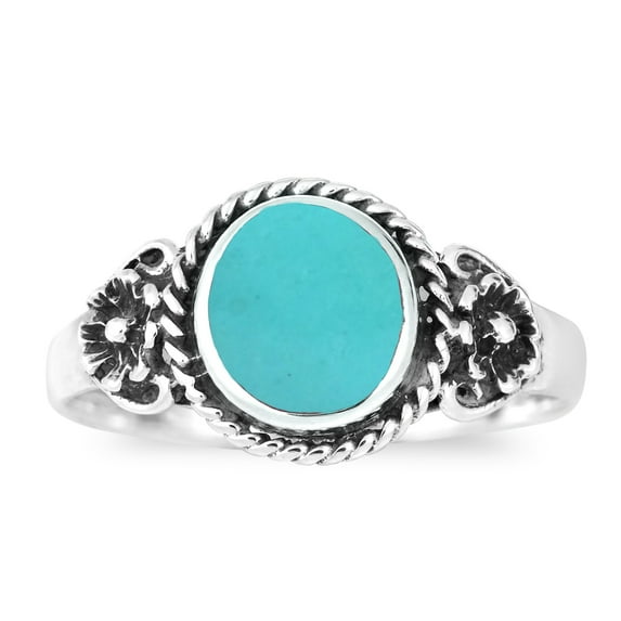 AeraVida Classic Fashion and Vintage Round Green Turquoise Stone in Sterling Silver Floral Daisy Flowers Sterling Silver Ring Casual Jewelry Gifts for Women