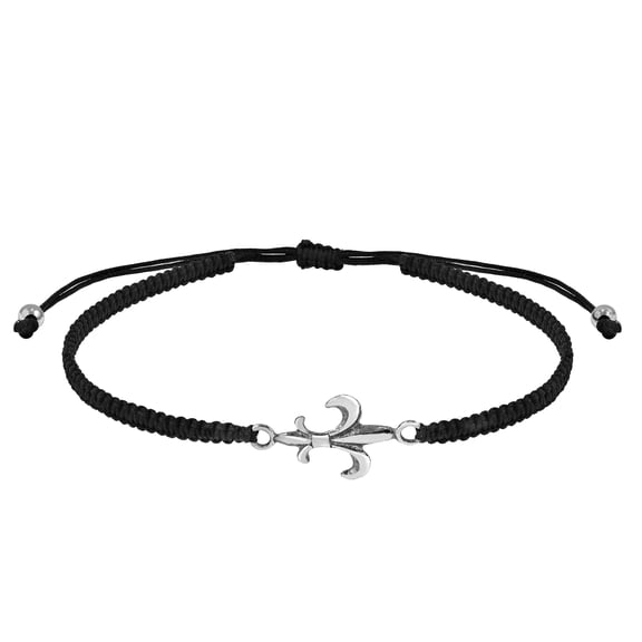 AeraVida Classic Fleur-de-lis Sterling Silver Charm Black Rope Adjustable Bracelet