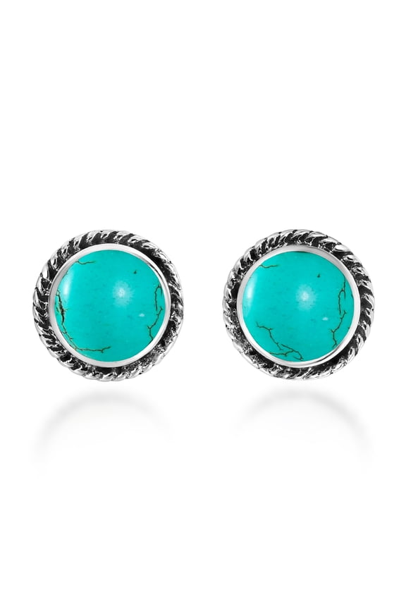 Classic Round Green Turquoise Stone Sterling Silver Post Stud Earrings