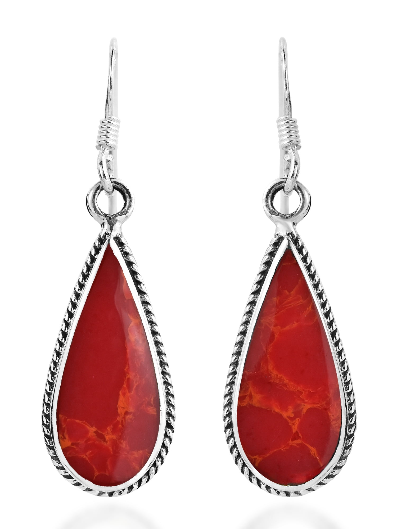 AeraVida Classic Teardrop Shaped Synthetic Red Coral Sterling Silver Fishhook Dangle Earrings