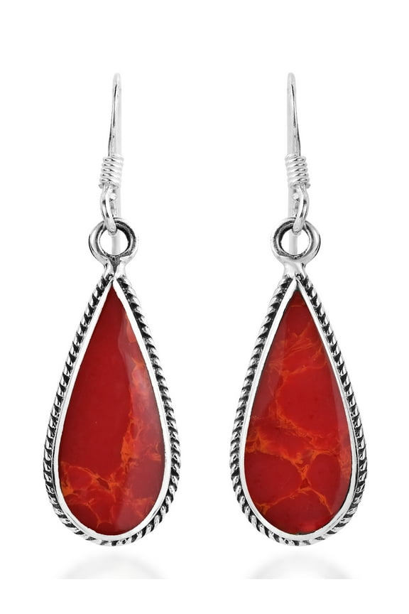 Classic Teardrop Shaped Synthetic Red Coral Sterling Silver Fishhook Dangle Earrings