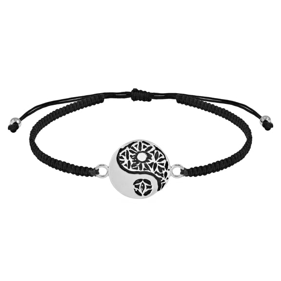 AeraVida Classic Yin Yang Balance Sterling Silver Charm on Black Adjustable Bracelet