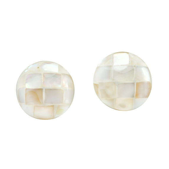 AeraVida Classic and Vibrant White Mother of Pearl Mosaic Round Circle Stud Earrings | Simply Glamorous Pearl Earrings for Women | Jewelry Gifts