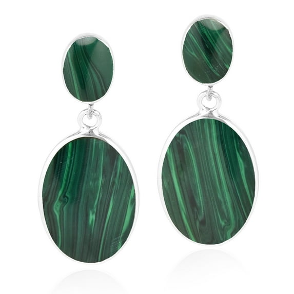 AeraVida Classy Double Oval Green Malachite Inlay Sterling Silver Drop Post Evening Earrings for Women Anniversary Jewelry Gift