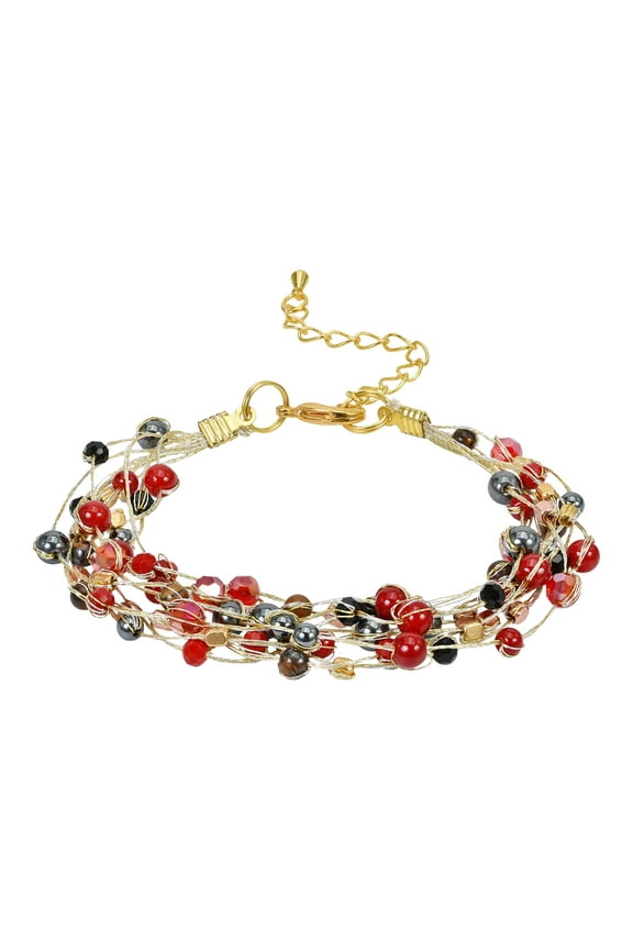 Colorful Stands Red Synthetic Coral and Crystal Silk Thread Statement Bracelet