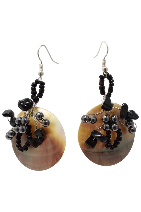 Crowned Disc Genuine Black Lip Shell Dangle Earrings