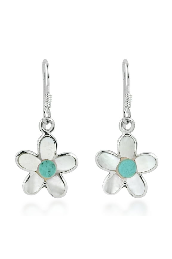 Cute Flower White Seashell and Green Turquoise Inlays Sterling Silver Dangle Earrings