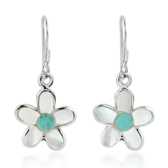 AeraVida Cute Flower White Seashell and Green Turquoise Inlays Sterling Silver Dangle Earrings