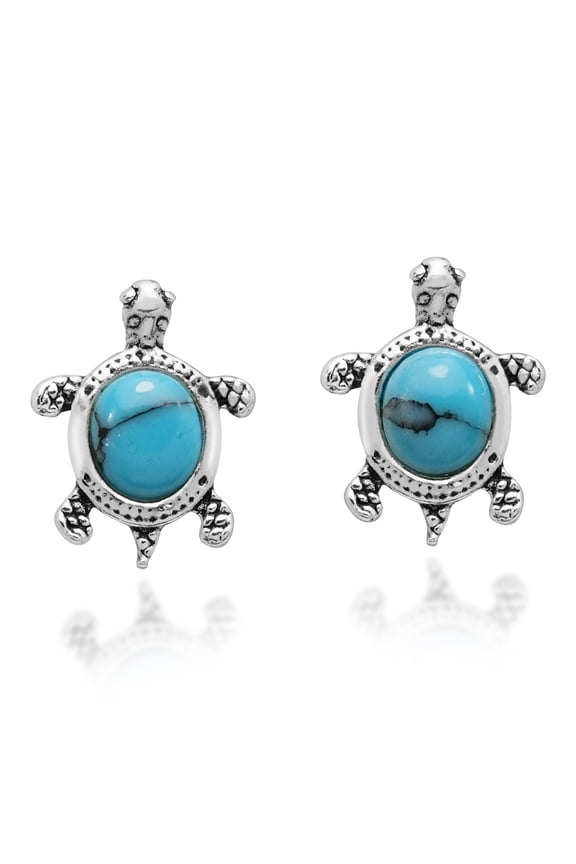 Cute Little Summer Beach Turtle Reconstructed Blue Turquoise Sterling Silver Stud Earrings for Women Accessories Anniversary Jewelry Gift