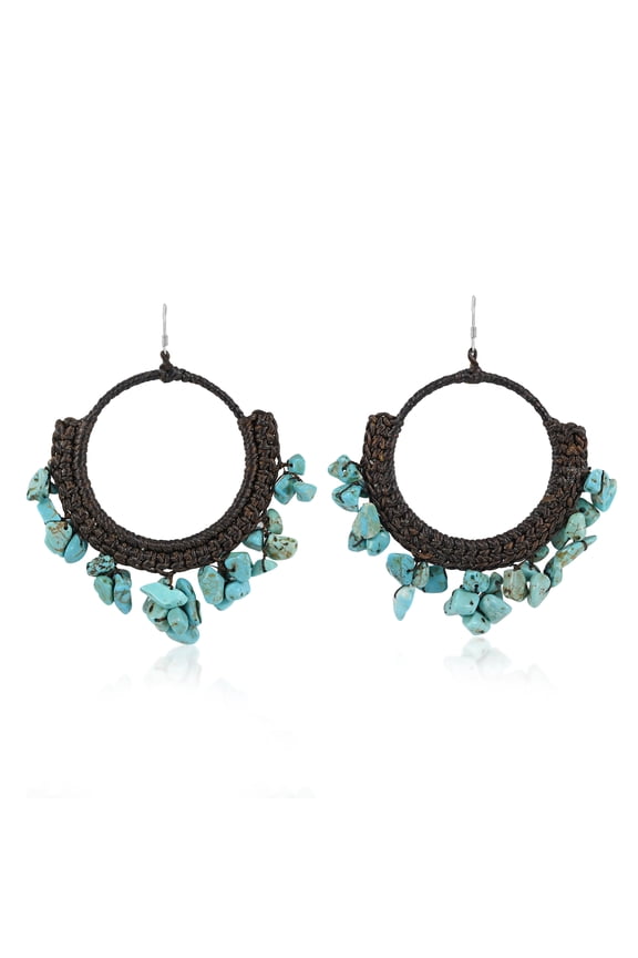 Cute Party Turquoise Cotton Rope Hoop Bohemian Earrings, 55x75mm