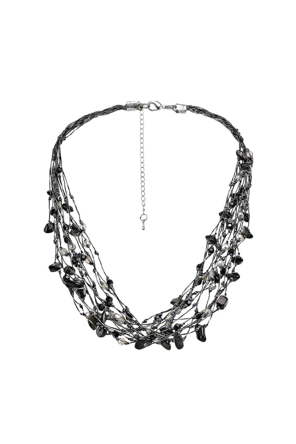 Elegant Black Onyx & Crystals on Silk Multi-Layered Statement Necklace for Female Adult