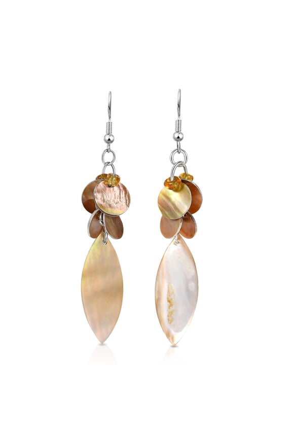 Elegant Bohemian Brown Mother of Pearl Seashell & Bead Cluster 925 Sterling Silver Dangle Earrings