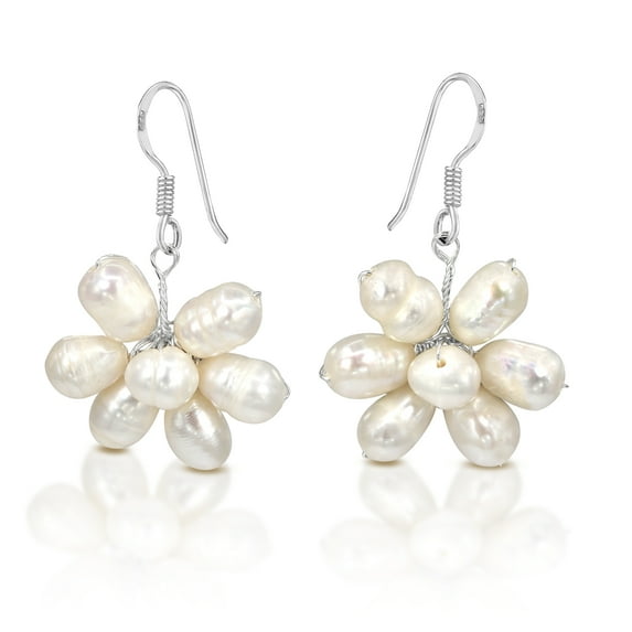 AeraVida Elegant Fashion Statement Iridescent White Pearls Flower Cluster Sterling Silver Fish Hook Dangle Earrings Female