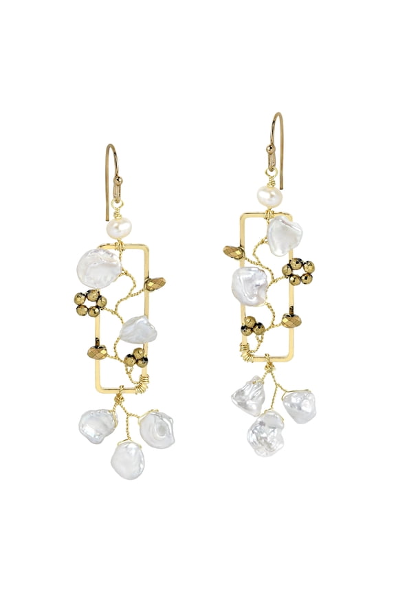 Elegant Intertwining Vines of Freshwater White Pearls Rectangle Brass Dangle Earrings for Female Anniversary