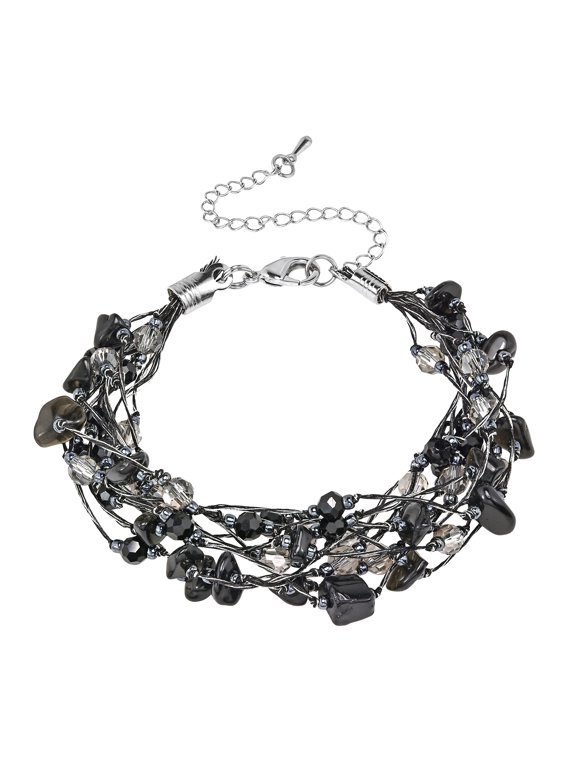 Elegant Layers of Black Onyx Stone Crystal Accents on Silk Thread Bracelet for Female Adult