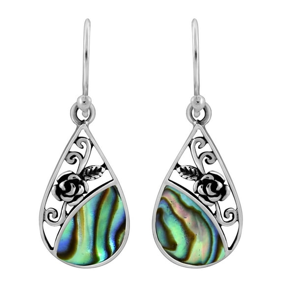 AeraVida Elegant Rose Teardrops Abalone Shell Inlay Sterling Silver Dangle Earrings