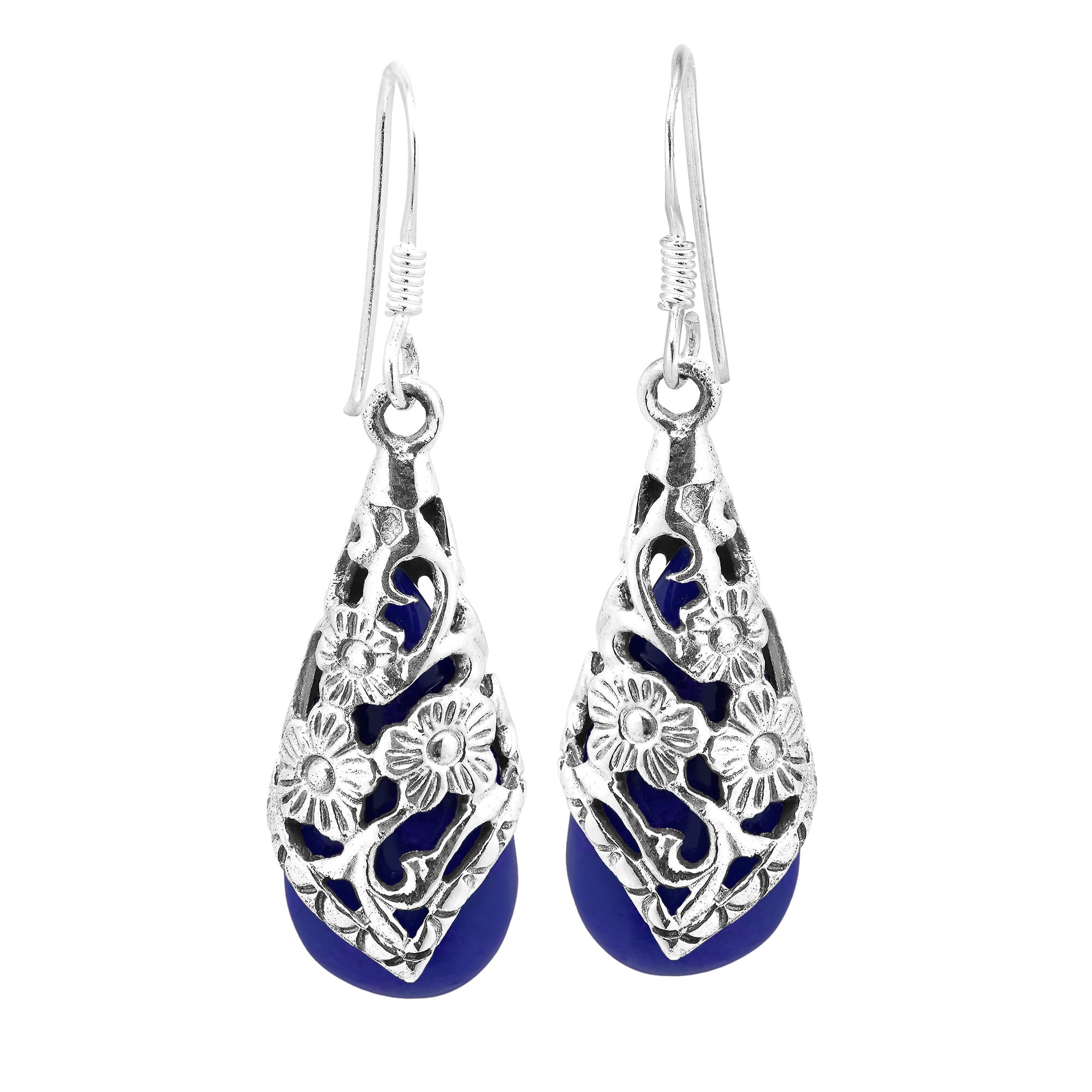 AeraVida Enchanted Floral Vine Blue Lapis Teardrop Sterling Silver Fish Hook Dangle Earrings Elegant and Vintage Inspired Evening Wear Jewelry Gifts for Women