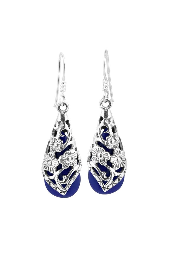 Enchanted Floral Vine Blue Lapis Teardrop Sterling Silver Fish Hook Dangle Earrings Elegant and Vintage Inspired Evening Wear Jewelry Gifts for Women