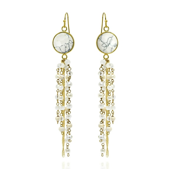 AeraVida Enchanted White Howlite Stone with Pearls and Crystals Tassel Dangle Earrings