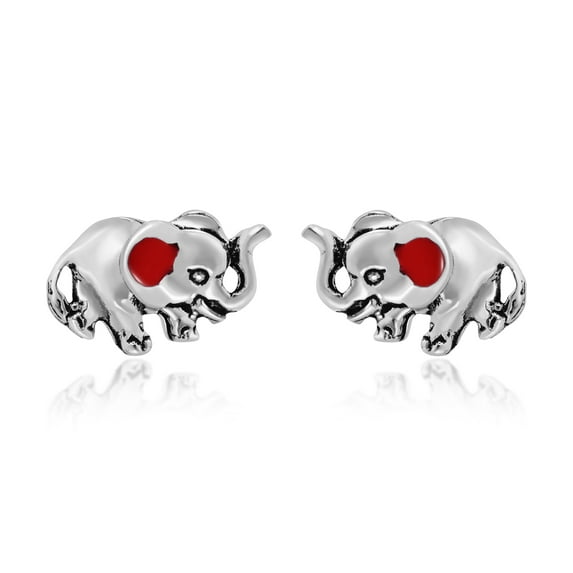 AeraVida Everyday Sterling Silver Mini Elephants Red Enamel Cute Animals Stud Earrings